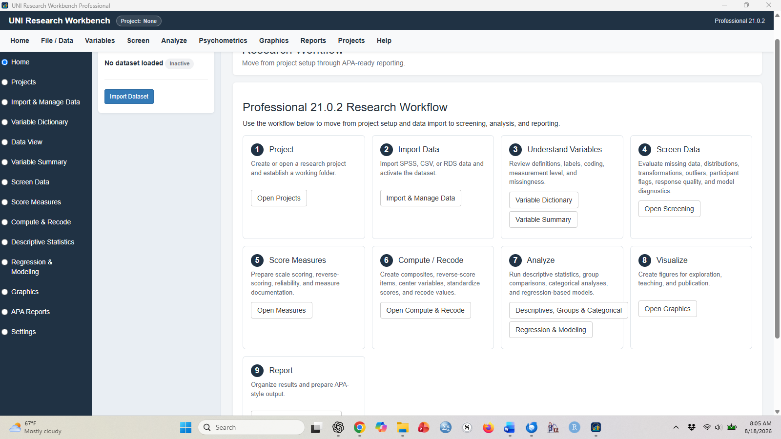 UNI Research Workbench Professional 21.0.2 — Research Workflow interface showing nine numbered steps from Project through Report